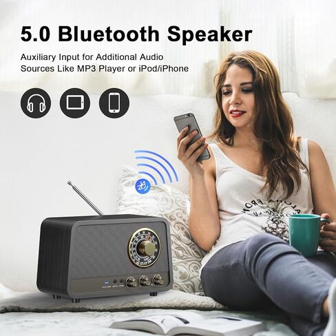 راديو Audiocrazy AM FM راديو قديم على الطاولة مع مكبر صوت بلوتوث، قابس راديو بلمسة نهائية خشبية عتيقة في الحائط للمنزل والمكتب ومدخل Aux، ومقبس سماعة الرأس، والتحكم في الجهير in Kuwait