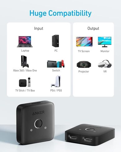 Anker HDMI Switch, 4K@60Hz Bi-Directional HDMI Switcher, 2 In 1 Out with Smooth Finish, Supports HDR, 3D, Dolby, Compatible with Laptops, PC, Xbox Series, PS5 / PS4, Projector, and More in Saudi Arabia