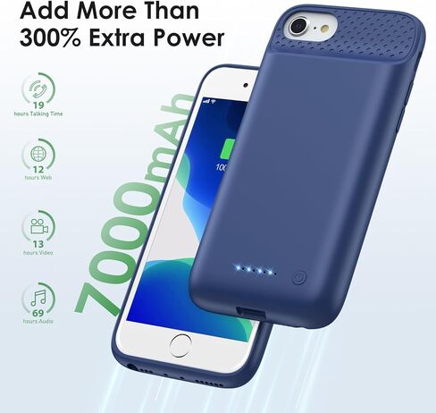 حافظة بطارية لهاتف iPhone 8/7/6s/6/SE (2022/2020)، حافظة شحن واقية محمولة وقوية بقوة 7000 مللي أمبير في الساعة، حافظة شاحن بطارية ممتدة قابلة لإعادة الشحن لهاتف iPhone 8/7/6s/6/SE (2022/2020) ( 4.7 بوصة) in Kuwait