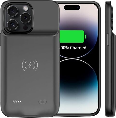 حافظة بطارية لهاتف iPhone 14 Pro (6.1 بوصة) شحن لاسلكي Qi بقدرة 10000 مللي أمبير في الساعة، نسخة احتياطية نحيفة ممتدة قابلة لإعادة الشحن مع توسيع لهاتف iPhone 14 Pro، أسود in Kuwait