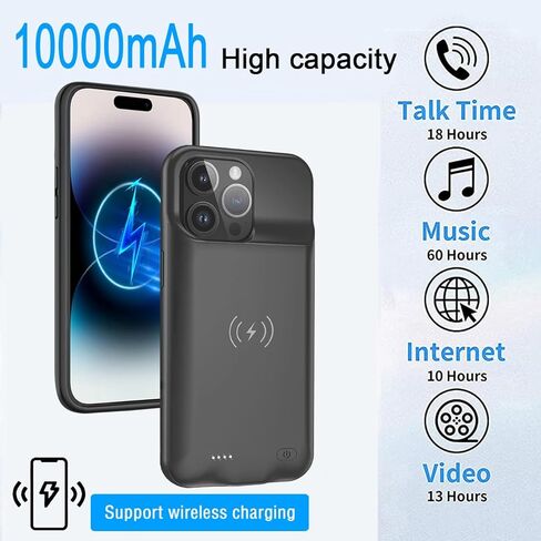 حافظة بطارية لهاتف iPhone 14 Pro (6.1 بوصة) شحن لاسلكي Qi بقدرة 10000 مللي أمبير في الساعة، نسخة احتياطية نحيفة ممتدة قابلة لإعادة الشحن مع توسيع لهاتف iPhone 14 Pro، أسود in Kuwait