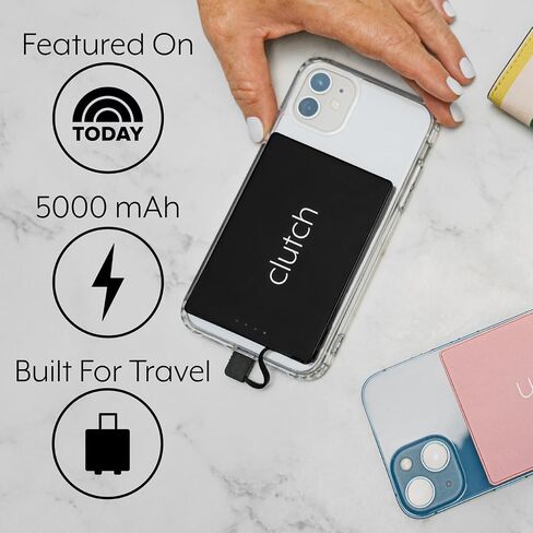 Clutch Pro – World's Thinnest iPhone Charger – Portable Power Bank 5000mAh – Magnetic Built-in Lightning Cable – TSA Approved Travel Charger – iPhone 14 & Earlier – White in Saudi Arabia