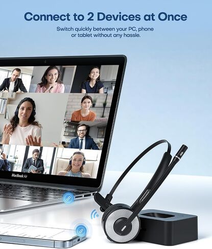 Bluetooth Headset, Wireless Headset with Mic for Work, Computer Headset with Microphone for PC, Bluetooth V5.3 Lightweight Headset with Noise Cancelling Mic, Mute Button, Multipoint, and Charging Base in Saudi Arabia