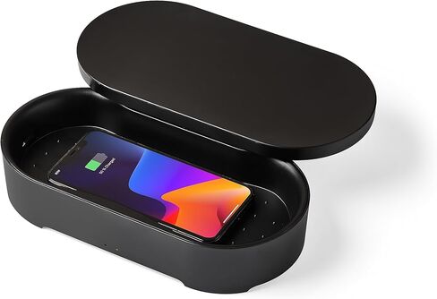 Lexon Oblio Box - Black UV Sanitizer Box - Qi-Compatible UV-C Light Sanitizer with 10W Wireless Charger - Can be Used for Watches, Jewelry, & Glasses in Saudi Arabia