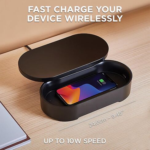 Lexon Oblio Box - Black UV Sanitizer Box - Qi-Compatible UV-C Light Sanitizer with 10W Wireless Charger - Can be Used for Watches, Jewelry, & Glasses in Saudi Arabia