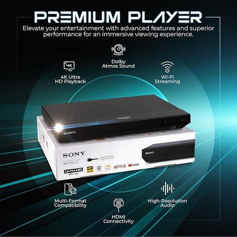 مشغل بلو راي 4K من سوني فائق الدقة UBP-X700M - مشغل أقراص CD/DVD مع جهاز تحكم عن بعد، Dolby Vision، HDR10 - Wi-Fi لبث Netflix، YouTube والمزيد. الحزمة - بلوراي، كابل HDMI، جهاز التحكم عن بعد، قماش عدسة Zdirect in Kuwait