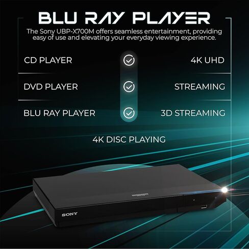 مشغل بلو راي 4K من سوني فائق الدقة UBP-X700M - مشغل أقراص CD/DVD مع جهاز تحكم عن بعد، Dolby Vision، HDR10 - Wi-Fi لبث Netflix، YouTube والمزيد. الحزمة - بلوراي، كابل HDMI، جهاز التحكم عن بعد، قماش عدسة Zdirect in Kuwait