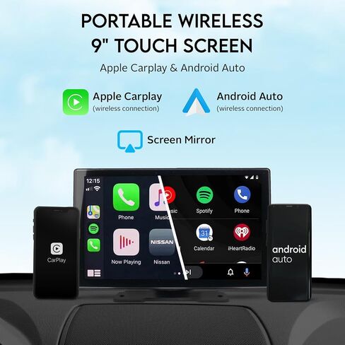 [جديد 2024] جهاز Apple Carplay وAndroid Auto اللاسلكي المحمول | كاميرا داش 4K، شاشة لمس 9 بوصة | ملحقات السيارة ستيريو | كاميرا احتياطية 1080 بكسل | بلوتوث مزدوج، وصلة مرآة لمحول الصوت للسيارة / AUX/FM/GPS in Kuwait