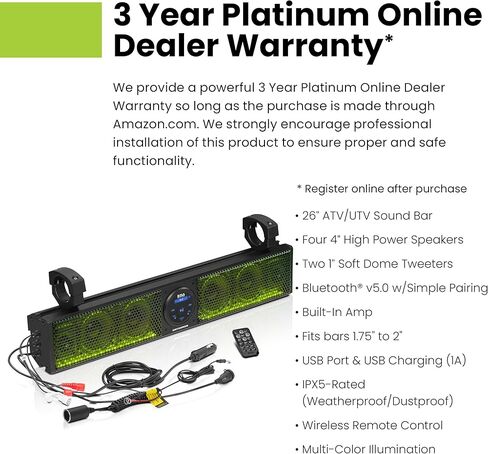BOSS Audio Systems BRT26RGB ATV UTV Sound Bar System - 26 Inches Wide, IPX5 Rated Weatherproof, Bluetooth Audio, Amplified, 4 inch Speakers, 1 Inch Tweeters, USB Port, RGB Multicolor Illumination in Kuwait