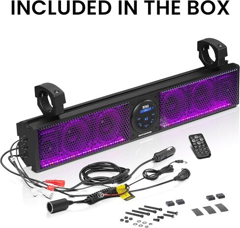 BOSS Audio Systems BRT26RGB ATV UTV Sound Bar System - 26 Inches Wide, IPX5 Rated Weatherproof, Bluetooth Audio, Amplified, 4 inch Speakers, 1 Inch Tweeters, USB Port, RGB Multicolor Illumination in Kuwait