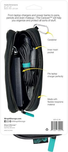 حقيبة Caravan Neoprene من Wrap-It Storage - حقيبة شاحن الكمبيوتر المحمول، وحقيبة ملحقات الإلكترونيات والكمبيوتر المحمول، وسلك طاقة الكمبيوتر وحقيبة الملحقات، وحقيبة السفر أو حقيبة القلم الرصاص، أسود in Kuwait