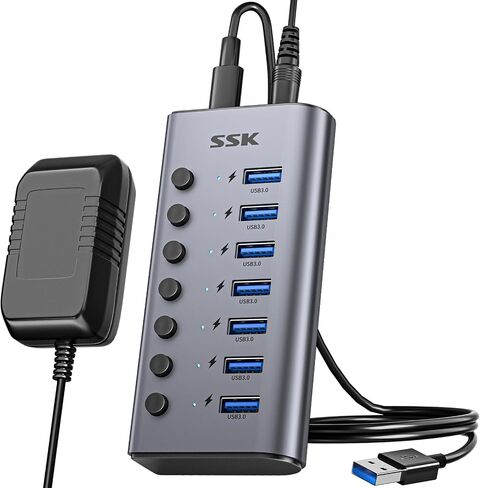محور USB 3.0 يعمل بـ 7 منافذ SSK، موزع تمديد USB من الألومنيوم مع مفاتيح طاقة فردية ومصابيح LED، مركز شحن بيانات USB Thunderbolt 3/4 بسرعة 5 جيجابت في الثانية مع محول DC12V3A وكابل طويل 3.93 قدم/1.2 متر in Saudi Arabia