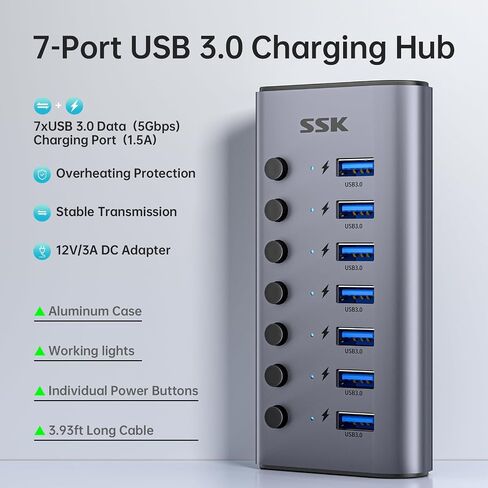 محور USB 3.0 يعمل بـ 7 منافذ SSK، موزع تمديد USB من الألومنيوم مع مفاتيح طاقة فردية ومصابيح LED، مركز شحن بيانات USB Thunderbolt 3/4 بسرعة 5 جيجابت في الثانية مع محول DC12V3A وكابل طويل 3.93 قدم/1.2 متر in Saudi Arabia