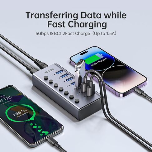 محور USB 3.0 يعمل بـ 7 منافذ SSK، موزع تمديد USB من الألومنيوم مع مفاتيح طاقة فردية ومصابيح LED، مركز شحن بيانات USB Thunderbolt 3/4 بسرعة 5 جيجابت في الثانية مع محول DC12V3A وكابل طويل 3.93 قدم/1.2 متر in Saudi Arabia