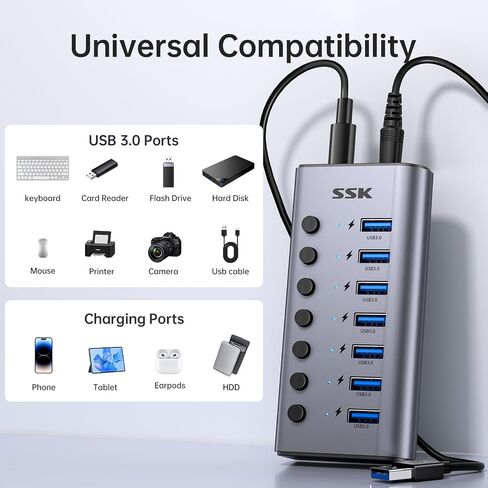 محور USB 3.0 يعمل بـ 7 منافذ SSK، موزع تمديد USB من الألومنيوم مع مفاتيح طاقة فردية ومصابيح LED، مركز شحن بيانات USB Thunderbolt 3/4 بسرعة 5 جيجابت في الثانية مع محول DC12V3A وكابل طويل 3.93 قدم/1.2 متر in Saudi Arabia