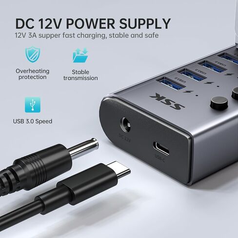 محور USB 3.0 يعمل بـ 7 منافذ SSK، موزع تمديد USB من الألومنيوم مع مفاتيح طاقة فردية ومصابيح LED، مركز شحن بيانات USB Thunderbolt 3/4 بسرعة 5 جيجابت في الثانية مع محول DC12V3A وكابل طويل 3.93 قدم/1.2 متر in Saudi Arabia