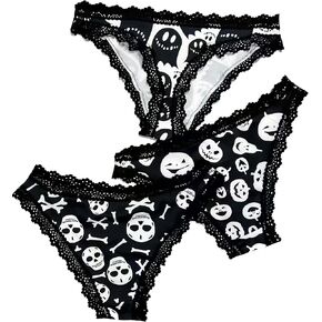 Women's 3 Pieces Skeleton Skull Lace Hipster Panties Set Low Rise Halloween Underwear Briefs