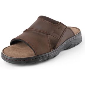 riemot Mens Leather Sandals Memory Foam Footbed Summer Beach Sandals Indoor Outdoor Thick Sole Non-slip Lightweight Slides