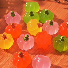 24 Pcs Resin Pumpkins Figurines 4 Color Artificial Luminous Pumpkins Halloween Miniature Pumpkin for Halloween Thanksgiving Fall Party Supplies Craft DIY Gifts Home Decoration
