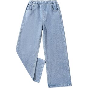 MakeMeChic Girl's Elastic Waist Denim Jeans Wide Leg Straight Pocket Loose Palazzo Pants