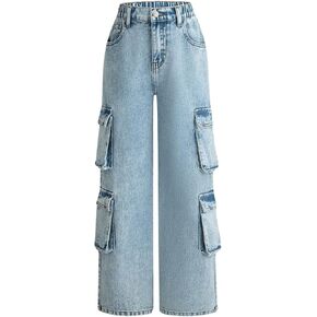 WDIRARA Girl's High Waisted Cargo Denim Pants Casual Wide Leg Jeans with Pockets