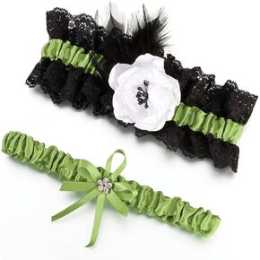 Lillian Rose Green and Black Lime Feather Wedding Garter Set, One Size
