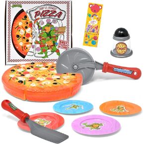 Pizza Party Play Food Toy Set for Kids Slice & Serve Plastic Pizza Pretend Box Pie Cutter Fake Condiments Play Foods & Bookmark for Children Toddlers