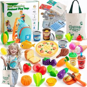 68 PCS Cutting Play Food Sets for Kids Kitchen - Fake Food Fruits, Veggies, Money Play and Calculator, Storage Bag, Pretend Food Toys Role Pretend Play for Toddler Children Kids Birthday Gift