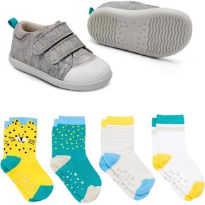 Ten Little First Walker Kids’ Shoes & Crew Socks Bundle for Baby & Toddler Boys & Girls, Heather Gray Shoe Size 5, Crew Socks with Non-Skid Grips 4 Pk