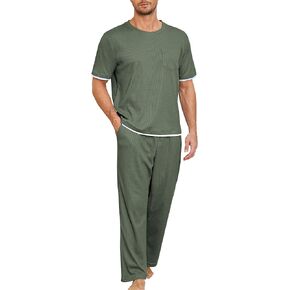 Andeip Mens Pajamas Set Crew Neck Loungewear Cozy Sleepwear Short Sleeve Top and Long Pants Pj Set with Pockets