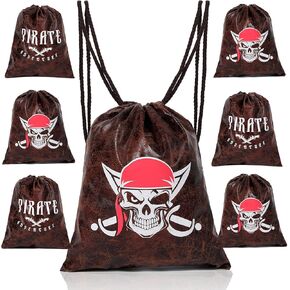 RICHNESS Pirate Party Bags Pirate Drawstring Backpack 10X12 Inches Medieval Faux Leather Skull Pirate Loot Bags for Pirate Adventure Party Favor Pack of 6