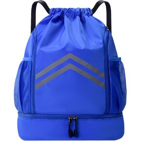 Sports Drawstring Backpack - Water Resistant Gym Bag with Shoes Compartment and Water Bottle Holder Pockets -Drawstring Bag String Cinch Bag for Gym, Travel, Swimming, Beach, Men Women (Black)