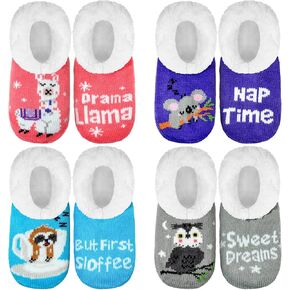 4 Pairs Fuzzy Slippers for Women Non Slip Fun Slipper Socks with Grippers Cozy Sherpa Slippers for Indoor House