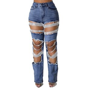 LETSVDO Women's Sexy Ripped Jeans High Waist Distressed Rhinestone Pearl Chains Stretch Denim Pants Clubwear