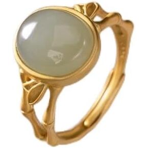 18K Gold Plated Hetian Jade Rings for Women 925 Sterling Silver Green Stone Ring Genuine Gemstone Ring Jewelry Bamboo Adjustable Rings for Women