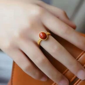 18K Gold Plated Red Agate Rings for Women 925 Sterling Silver Carnelian Stone Ring Genuine Gemstone Ring Jewelry Gift Adjustable Rings for Women