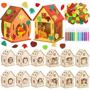 12 Sets Wooden Fall Halloween Houses Thanksgiving Graffiti Crafts Pumpkin Wood House Ghost Table Decor 12 DIY Unfinished Craft Kit 12 Watercolor Pens 100 Foam Stickers(Fall Style)
