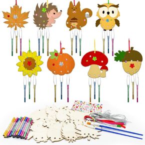 16 Pack Fall Wind Chime Kit for Kids Thanksgiving Wooden Paint Arts Ornaments Decorations Autumn Pumpkin DIY Coloring Craft for Classroom Halloween DIY Art Activity Birthday Party Supplies