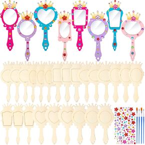 24 Pack Wooden Mirror Craft for Girls DIY Decorate You Own Princess Wooden Hand Small Mirrors for Crafts Paint Princess Party Decorations Birthday Supplies Favors