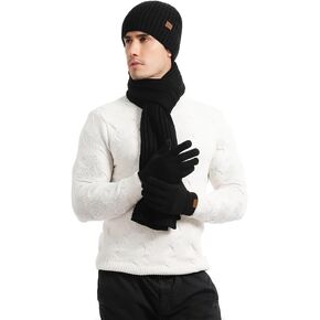 Winter Hats Scarf for Men with Touchscreen Gloves Set Warm Men's Beanie Hats Thermal Gloves and Long Scaves