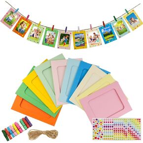 LEFIMOT 50 Pack Paper Picture Frames 4x6in, DIY Cardboard Photo Frames Hanging Display with 50 Clips and 5 Strings, Paper Photo Frame Art Display Frame with 12 Stickers for Wall Decor (Brown)