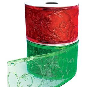 Christmas Ribbon for Gift Wrapping Red Wired Ribbons Green Sheer Wire Organza Set Present Wrap Around, Xmas Tree Decor Crafts Floral Arrangement Supplies & Decoration 30 Yards x 2 in Wide Each