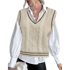 Sweater Vest for Women 2024 Trendy Cable Knit V Neck Sleeveless Sweater Vest Tops Cropped Preppy Varsity Sweater