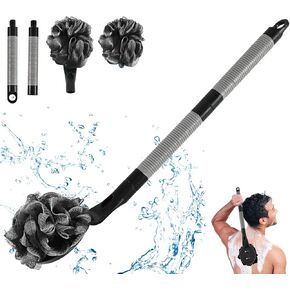 Loofah with Handle, 21.7" Detachable Loofah Back Scrubber, Back Loofah, Exfoliation and Improved Skin Health, Shower Loofah for Shower for Men Women（Black）