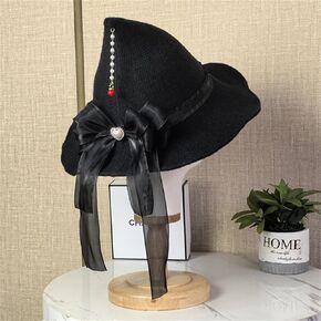 Comelodiant Knit Wool Women Witch Hat Adult Halloween Witch Hat Black Lolita Witch Accessories Cap for Halloween Party Cosplay Accessory