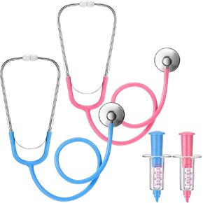 4 Pcs Kids Stethoscope with Syringe Toy Stethoscope Preschool Pretend Doctor Toys Stethoscope for Costume Kids Boys Girls Role Play Accessories, Pink Blue