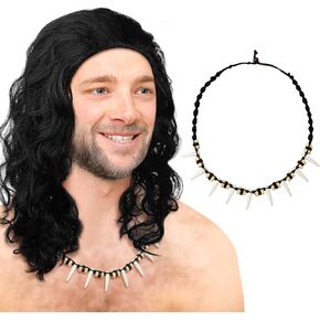 2 Pcs Halloween Costume for Men Cosplay Curly Wig and Hawaiian Tribal Tooth Necklace Halloween Men Costume for Halloween Cosplay Accessories Black