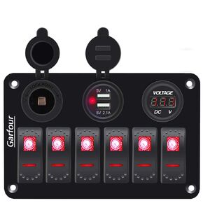 6 Red Gang Marine Rocker Switch Panel Waterproof 12 Volt Boat Toggle Switch Panel 12V Blue LED Lighted with USB Cigarette Lighter Socket Voltmeter for Boat Car RV UTV