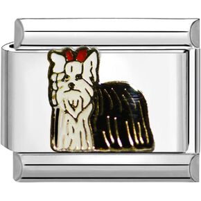UNY JEWEL Yorkshire Terrier Maltese Dog Italian Charm 9mm Stainless Steel Link - Enamel Yorkie with Bow Design Modular Charm Bracelet Link