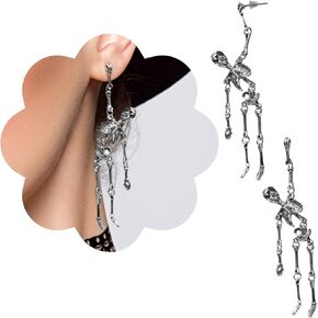 Jaisie.W Halloween Earrings Silver, Playful Skeleton Earrings for Women -Skull Earrings/Spooky Earrings/Skeleton Earrings Dangle (3.3’’ Length, Silver)